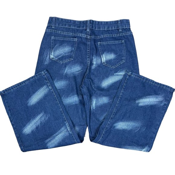 Women Y2K Jeans Large Blue High Rise Wide Leg Tie Dye Print Loose Washed - Picture 10 of 15